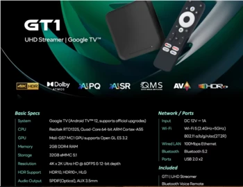 ELEBAO GT1 Google Certified TV BOX RockTek Realtek RTD1325TPV 4GB DDR4 EMMC 32GB 4K Android TV Box